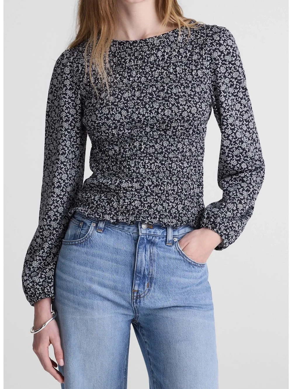 Madewell Navy Floral Long-Sleeve Smocked Top - Size Medium